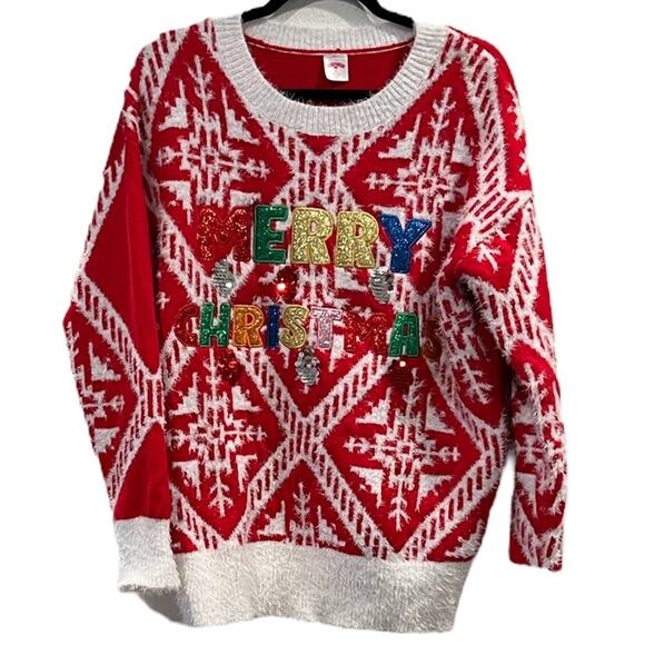 Holiday Time Size M (8-10) Long Sleeve Crew Neck Fairisle Merry Christmas - Picture 1 of 8